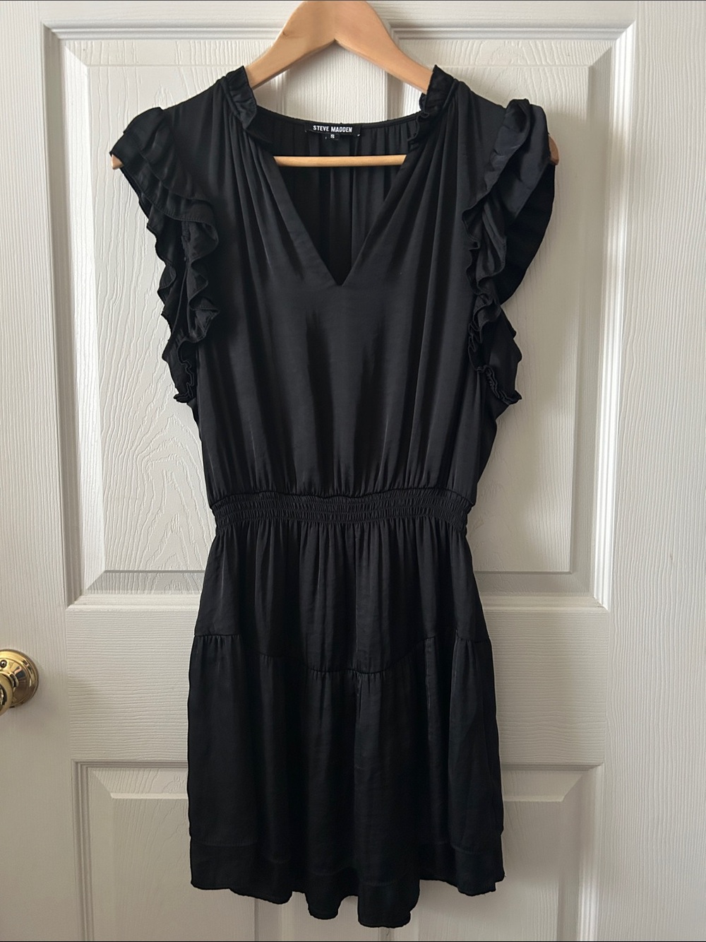 Steve Madden Prairie Dreams Satin V-Neck Ruffle Cap Sleeve Mini Dress Sz S - Picture 7 of 12
